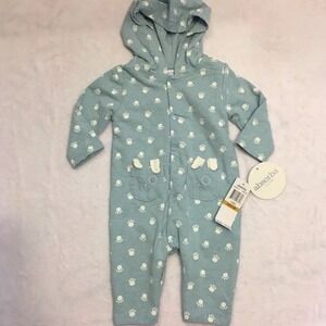 Absorba Hooded Romper Infant 0-3M Blue New Paw‎ Print Snap Front Pockets